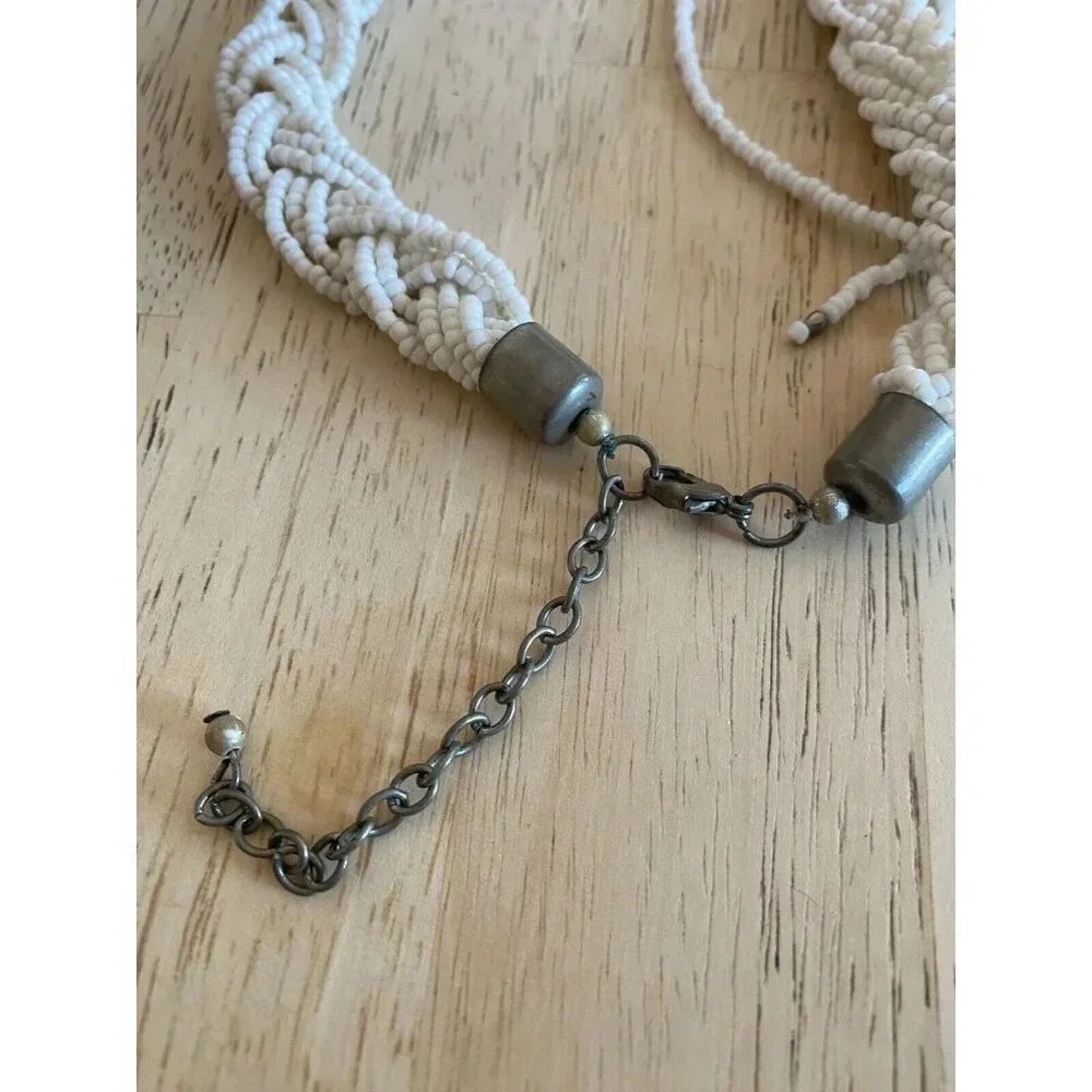 Vintage Braided White Beaded Tassel Necklace. 25” Adjustable.‎